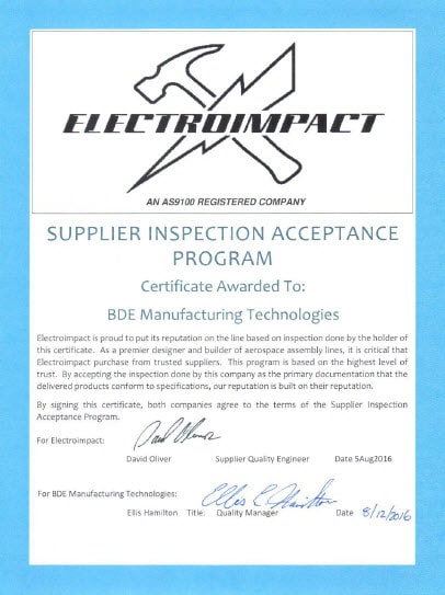 Certified Electroimpact Preferred Supplier - BDE